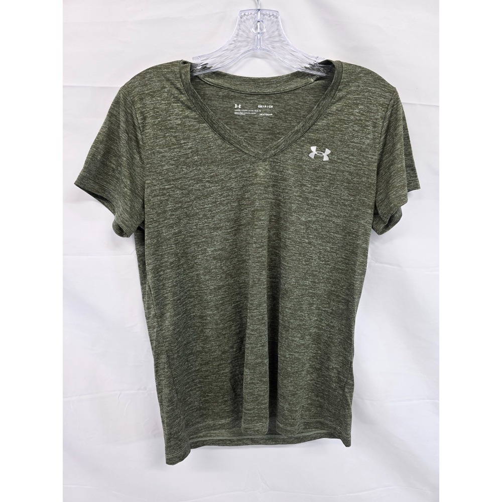 Under Armour HeatGear V-Neck T-Shirt Women Small Olive Green Heathered Loose Fit